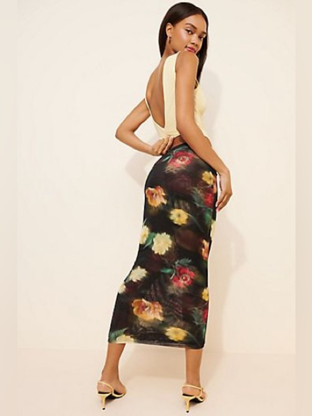RESA Clyde Slip Midi Skirt Black Floral Print Size Medium